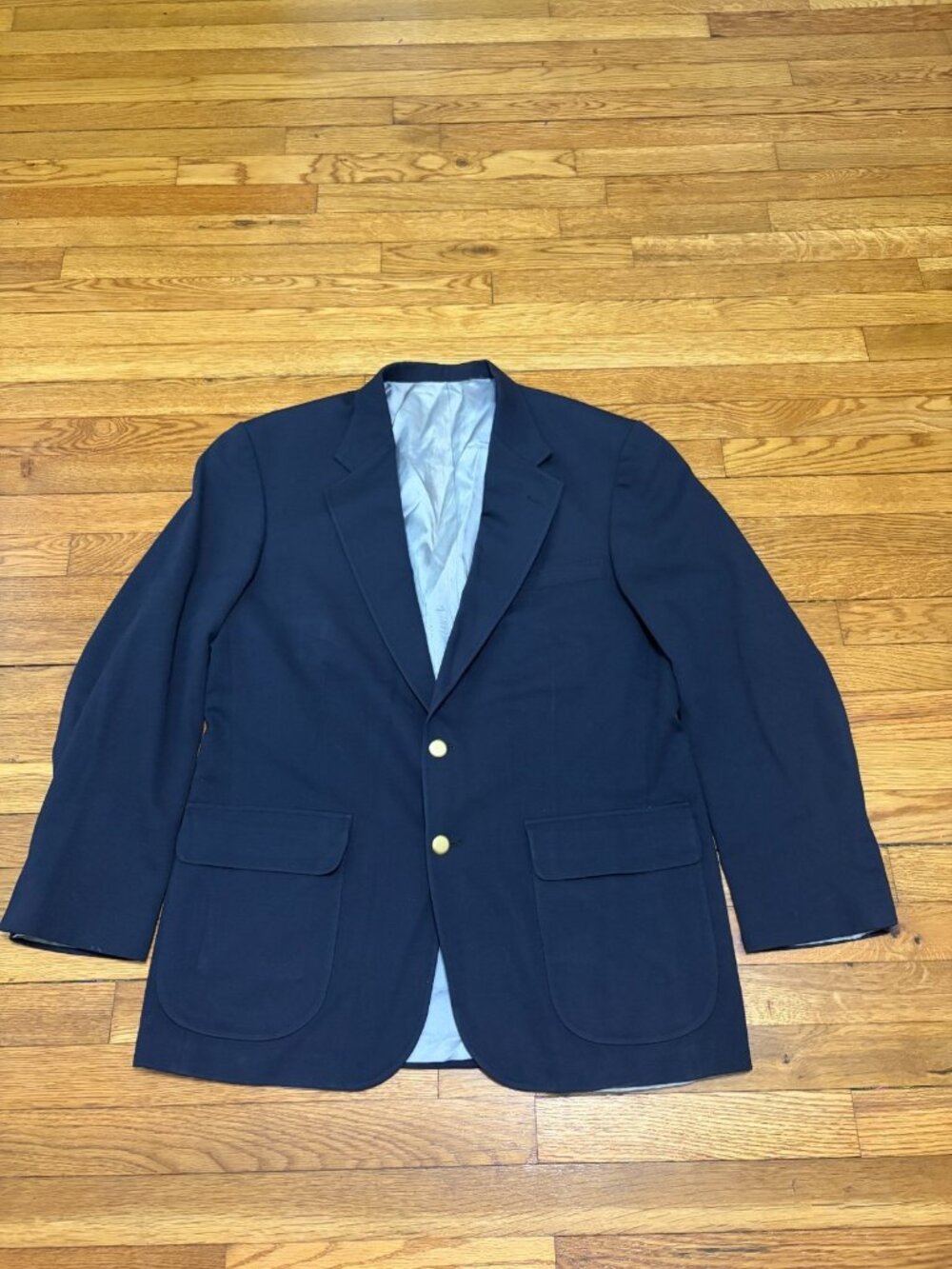 Lands' End Mens Blazer Jacket 42L Blue Wool 2 Button Sport Coat Brass Buttons